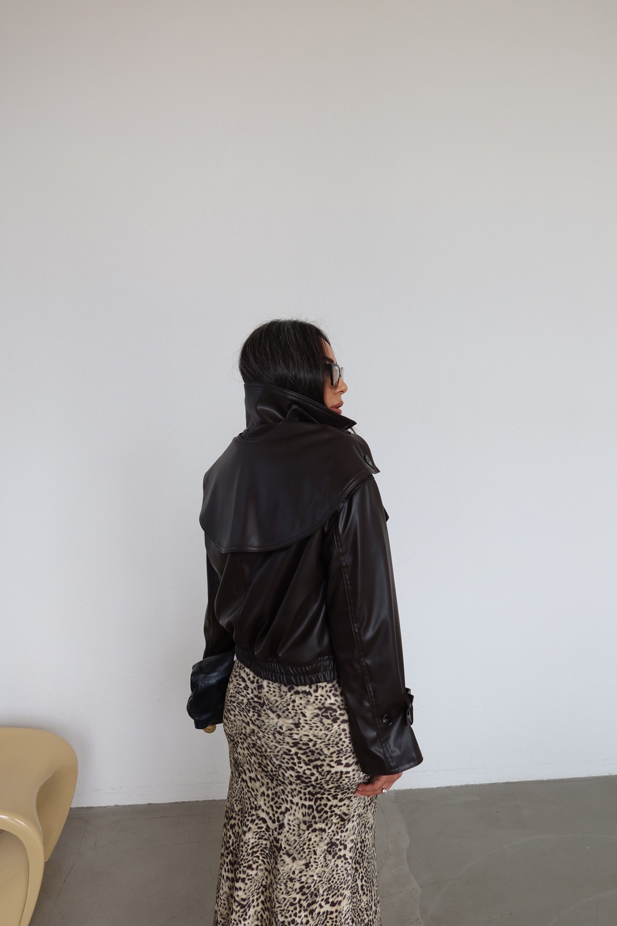 High Neck Panel Detail Leather Jacket — photograph 3