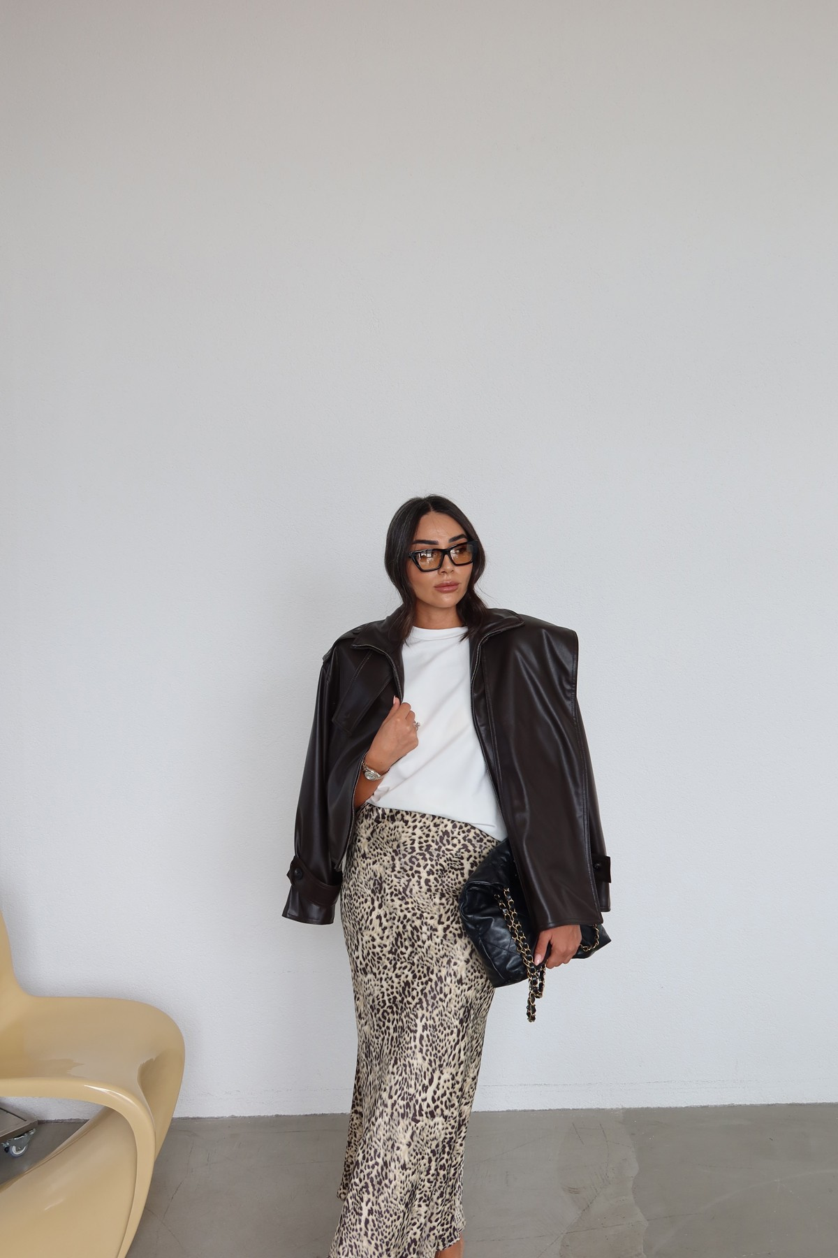 High Neck Panel Detail Leather Jacket — photograph 4