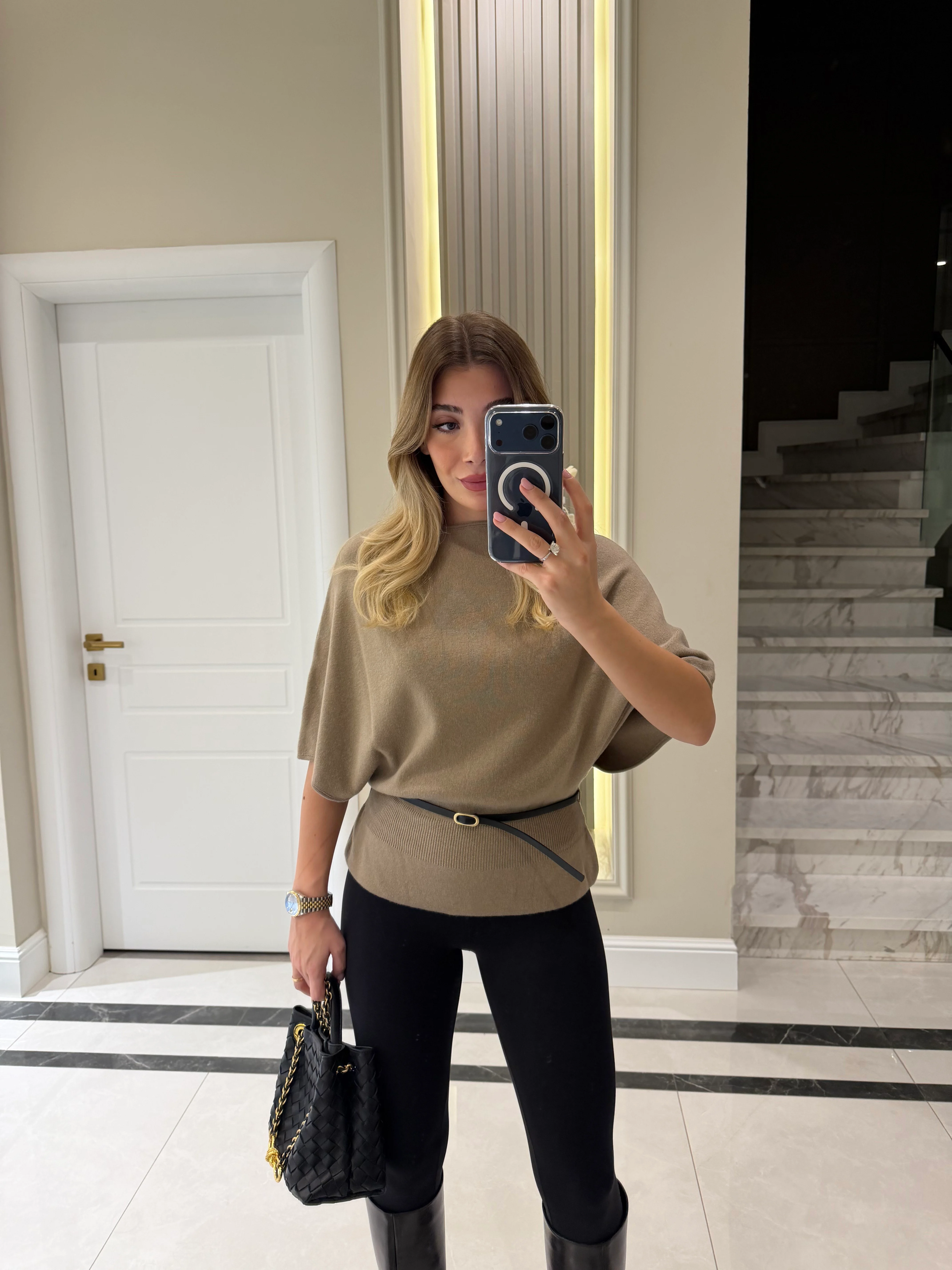 Dark Melanj Boat Neck Batwing Sleeve Belted Knit Jumper