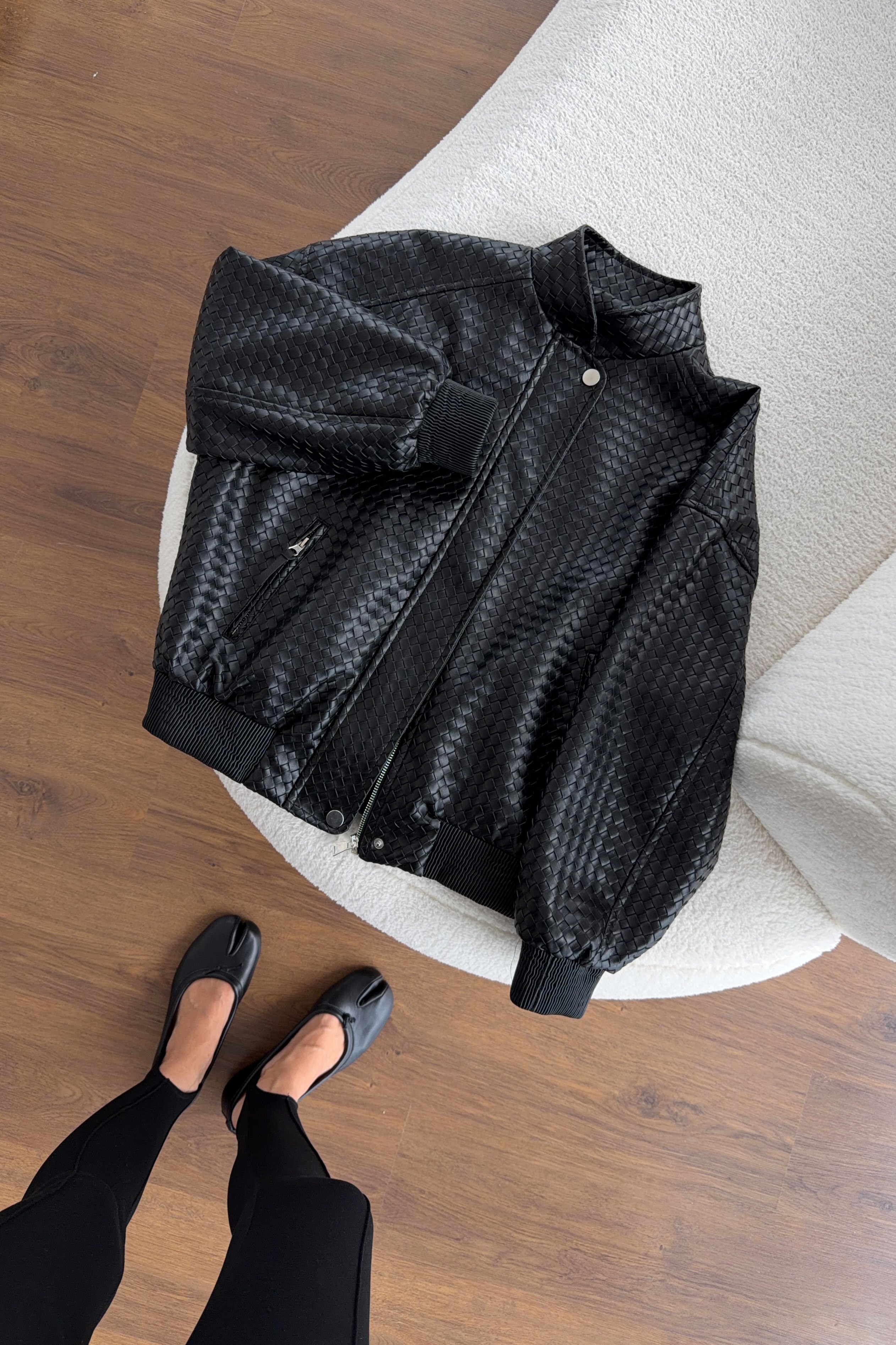 Woven Texture Stand Collar Leather Jacket — photograph 5