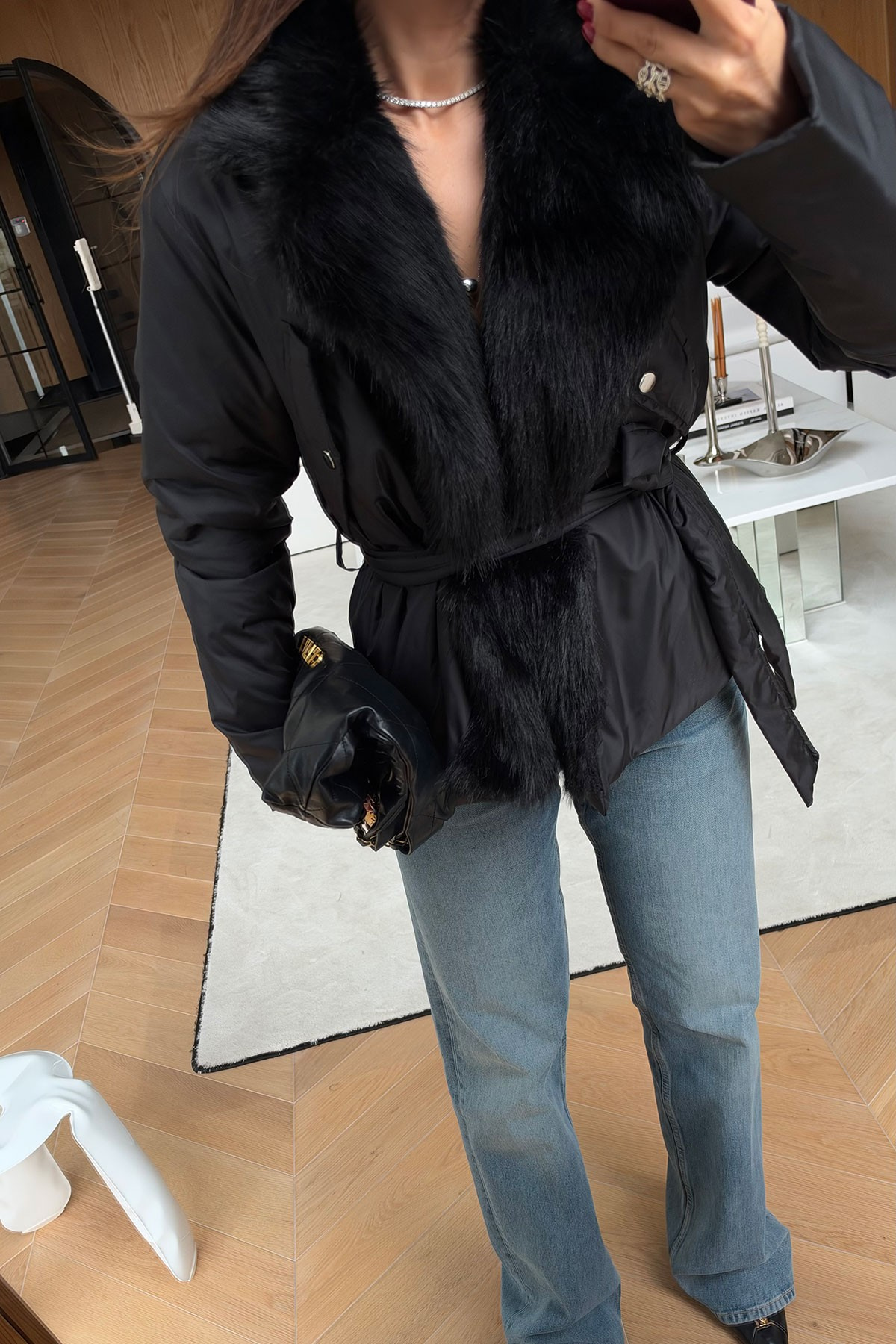 Collar Faux Fur Sash Puffer Coat — photograph 2