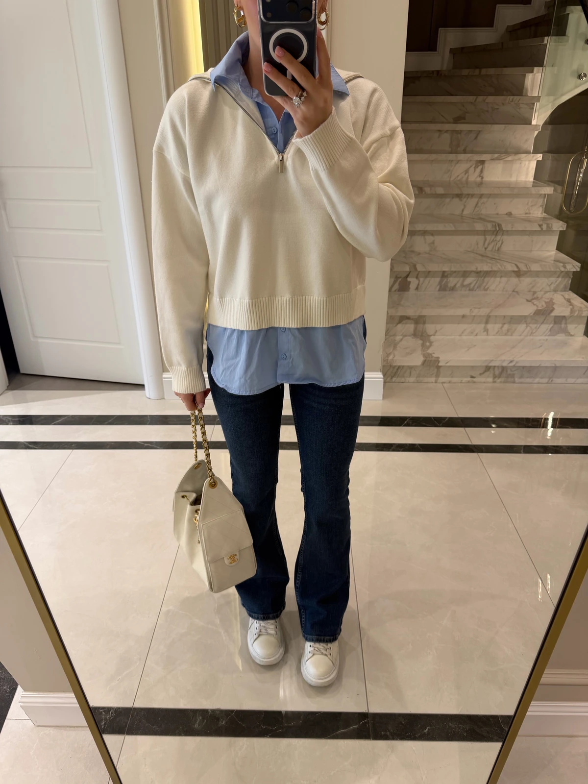 Ecru Blue Shirt Detail Half Zip Knit Jumper — photograph 4