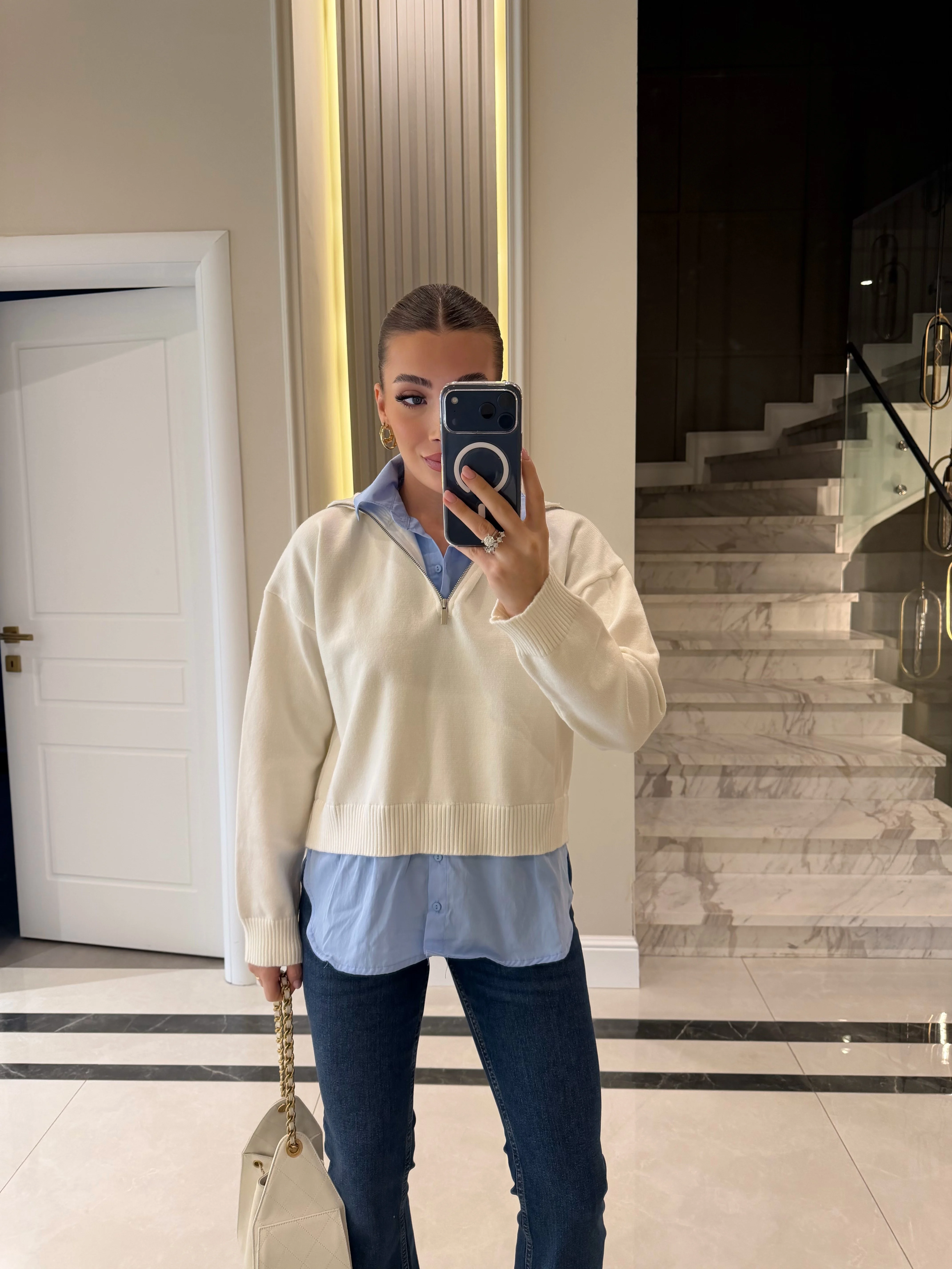 Shirt Detail Half Zip Knit Jumper