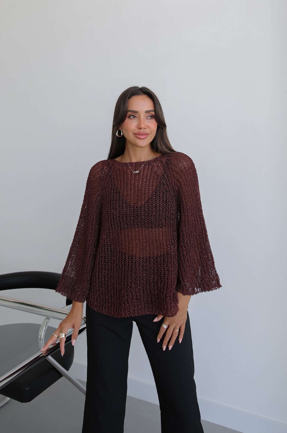 Brown File Knitted Blouse