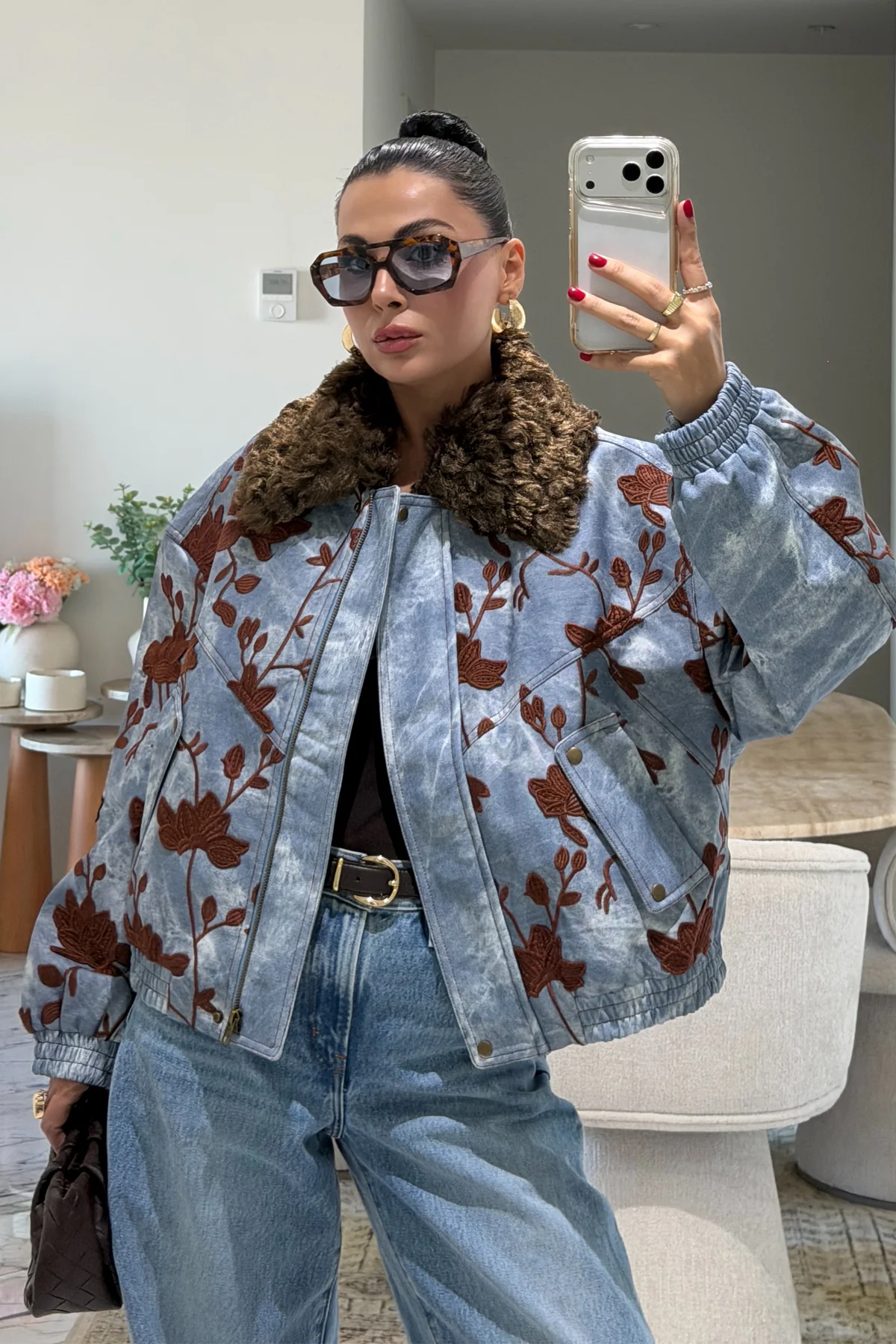 Floral Embroidered Fur Denim Bomber Jacket Blue — photograph 4