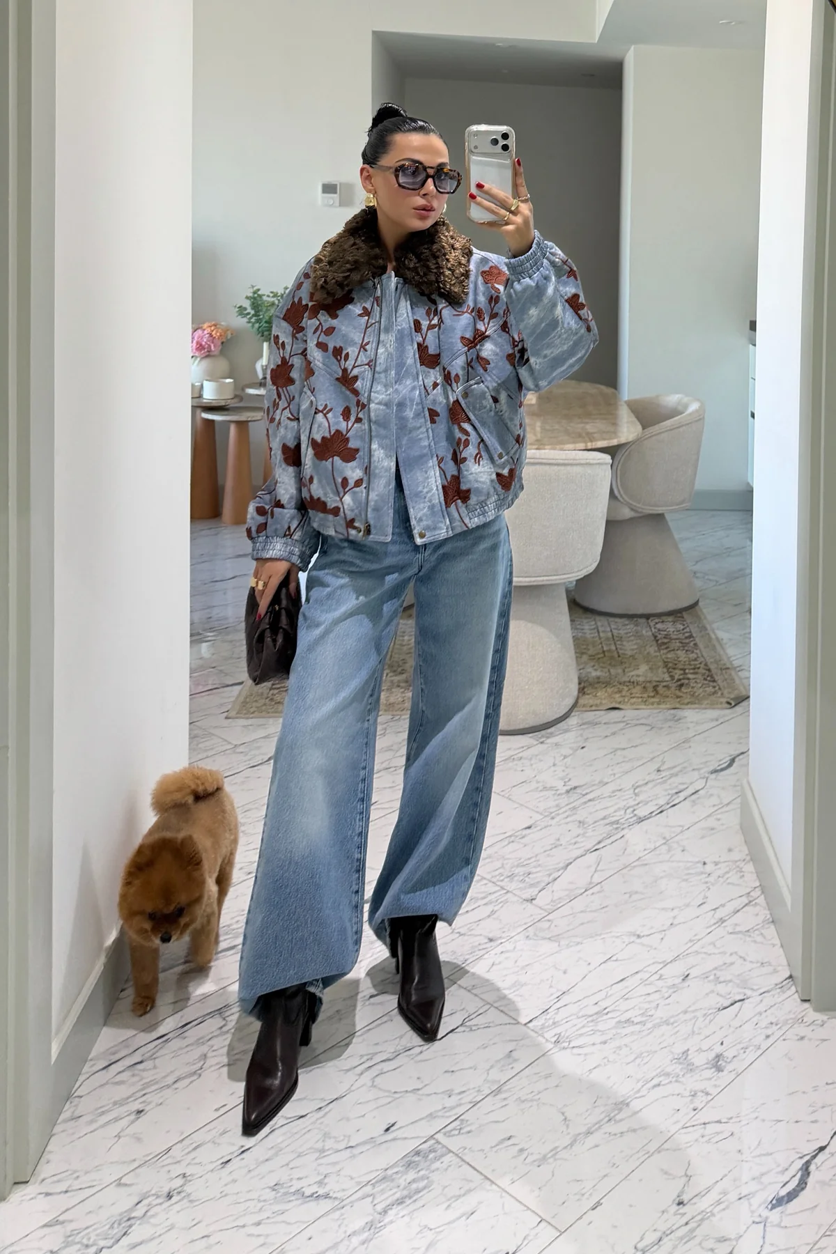 Floral Embroidered Fur Denim Bomber Jacket Blue — photograph 5