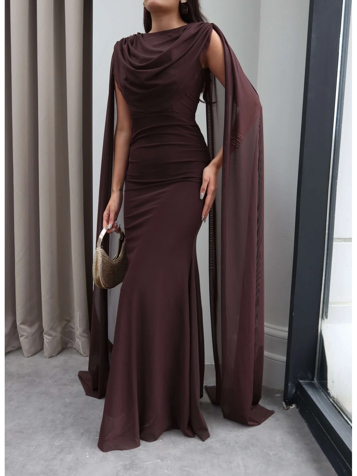 Wide Neck Tulle Shoulder Cape Dress — photograph 4
