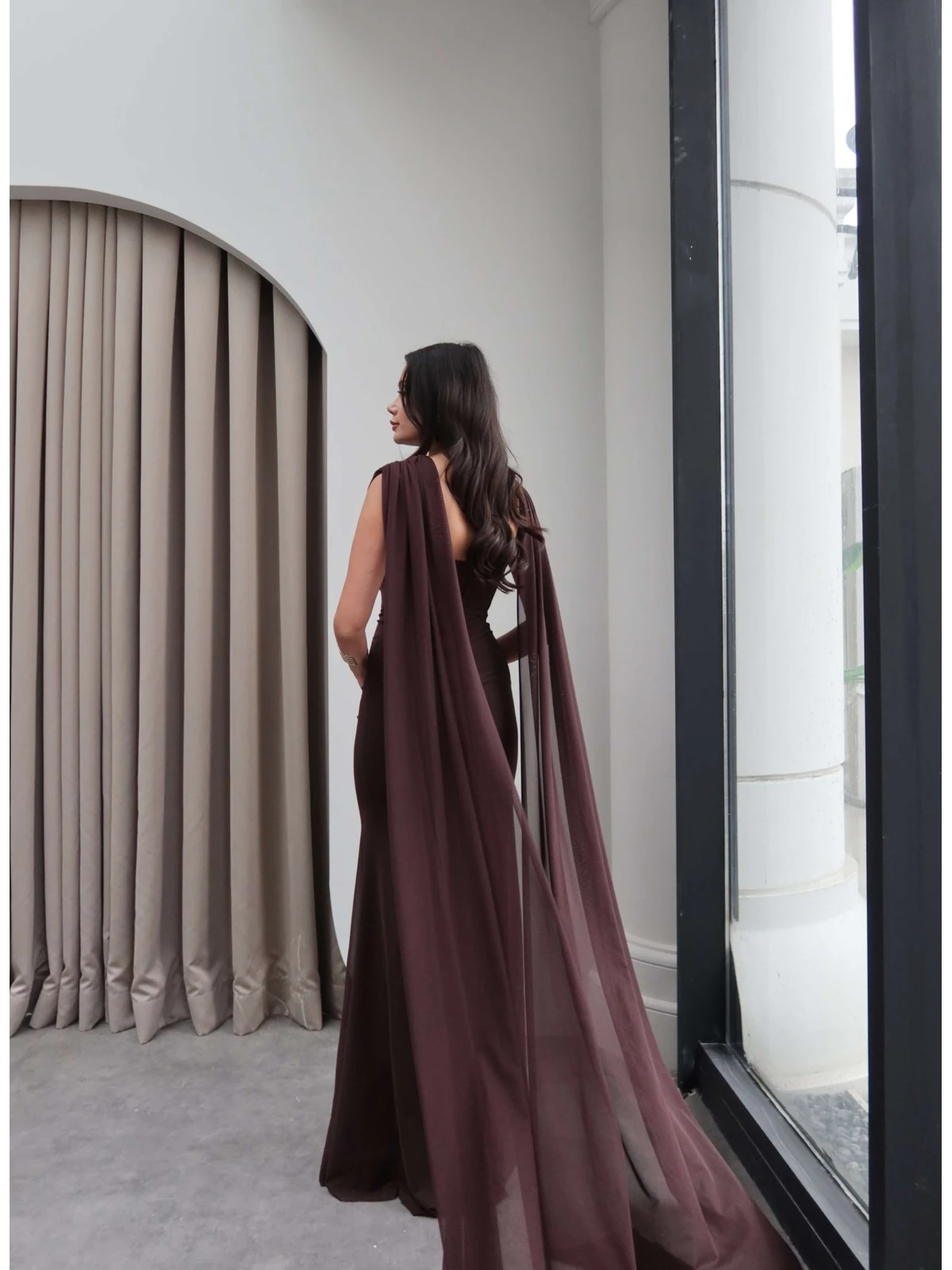 Wide Neck Tulle Shoulder Cape Dress — photograph 5