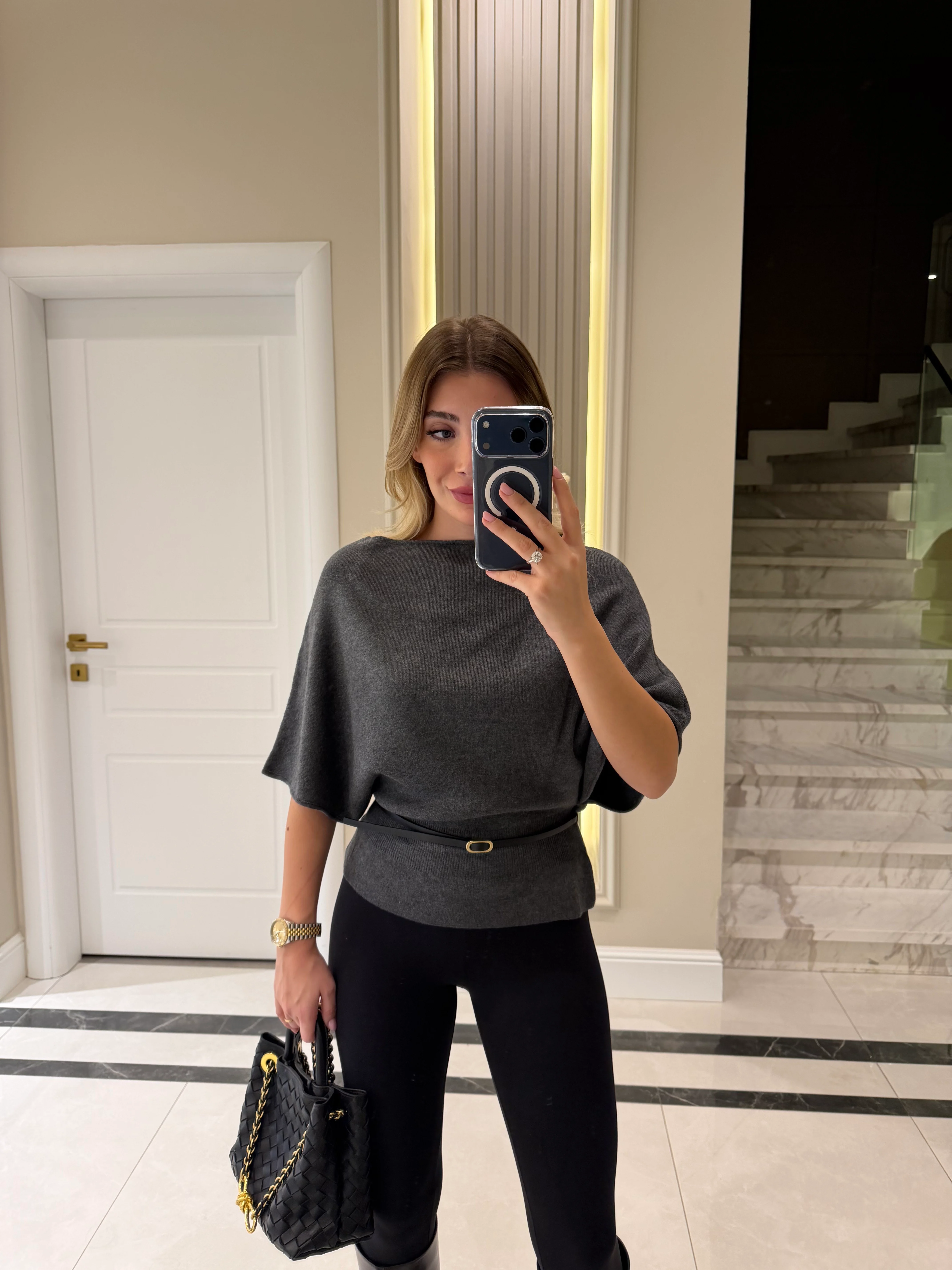 Melanj Boat Neck Batwing Sleeve Belted Knit Jumper