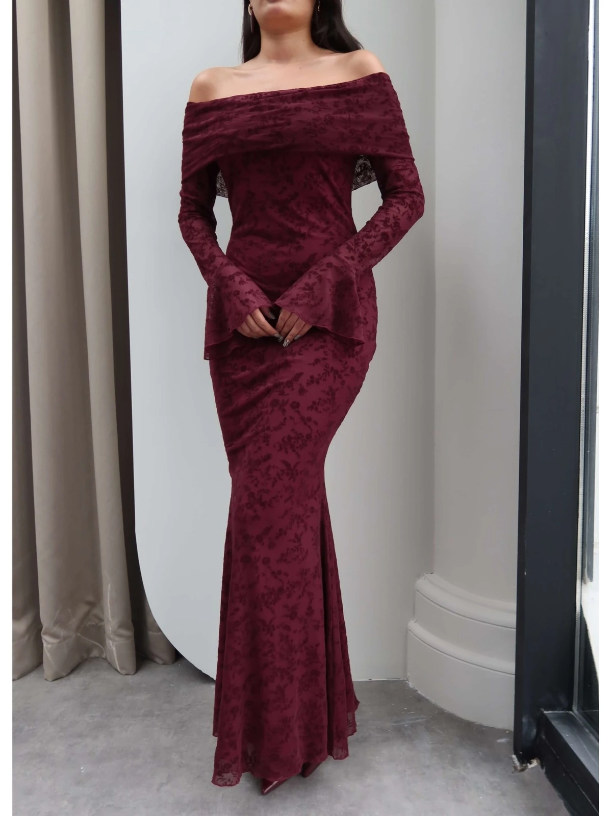 Velvet Pattern Bardot Neck Tulle Dress — photograph 3
