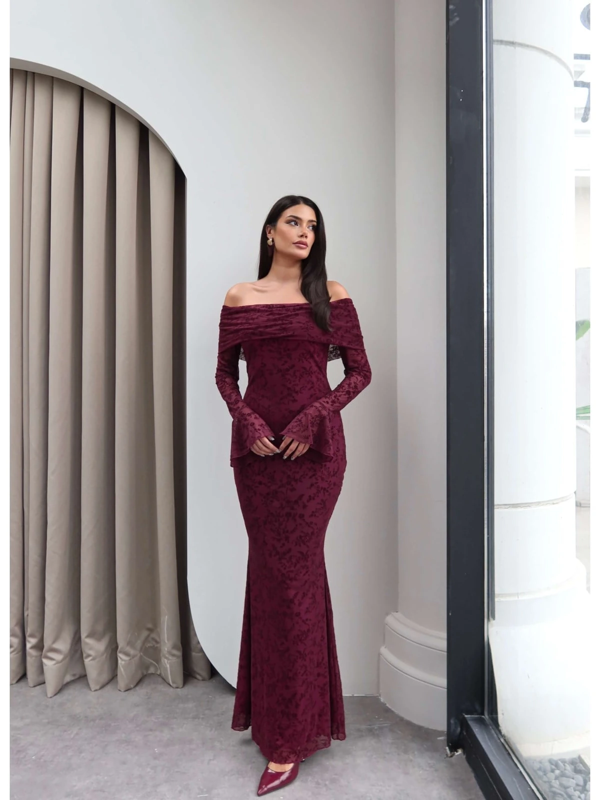 Velvet Pattern Bardot Neck Tulle Dress — photograph 4