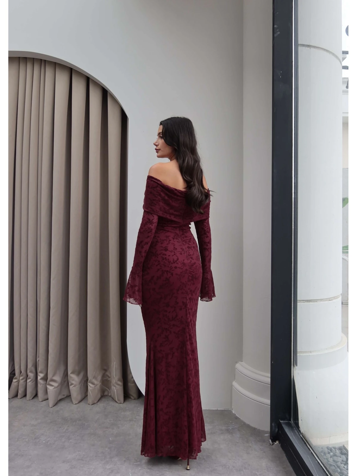 Velvet Pattern Bardot Neck Tulle Dress — photograph 5