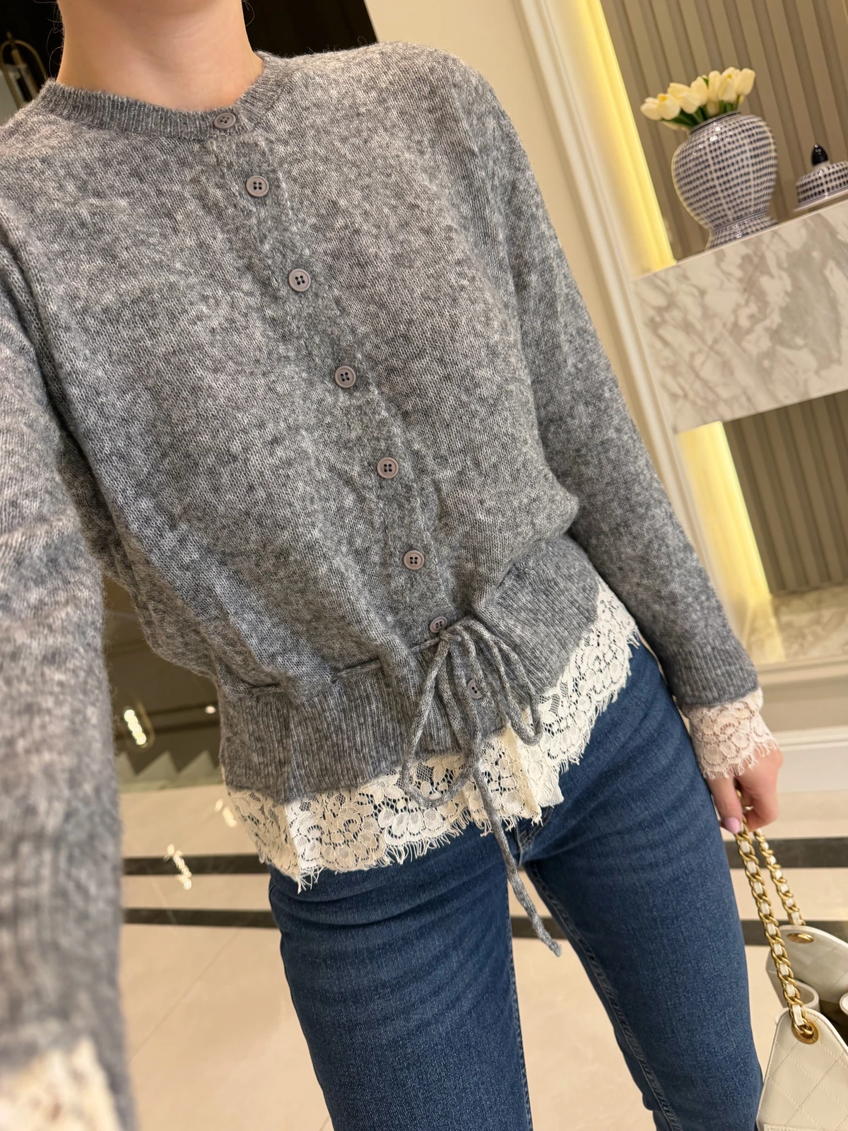 Lace Detail Drawstring Waist Knit Cardigan — photograph 4