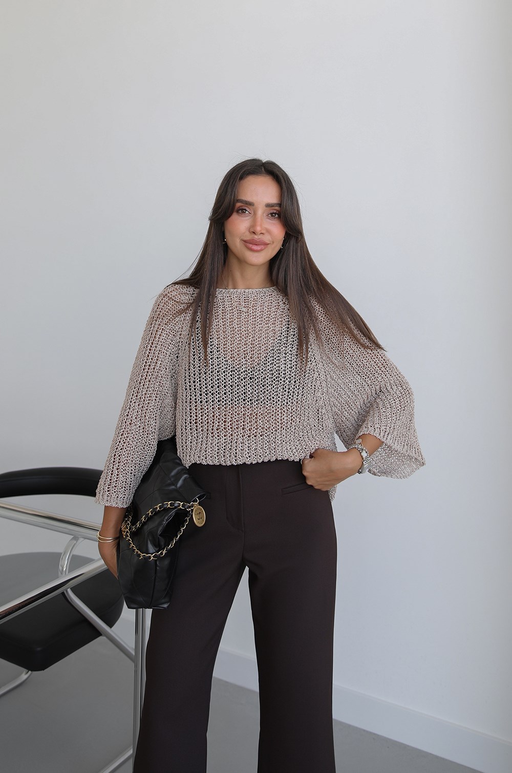 Beige File Knitted Blouse