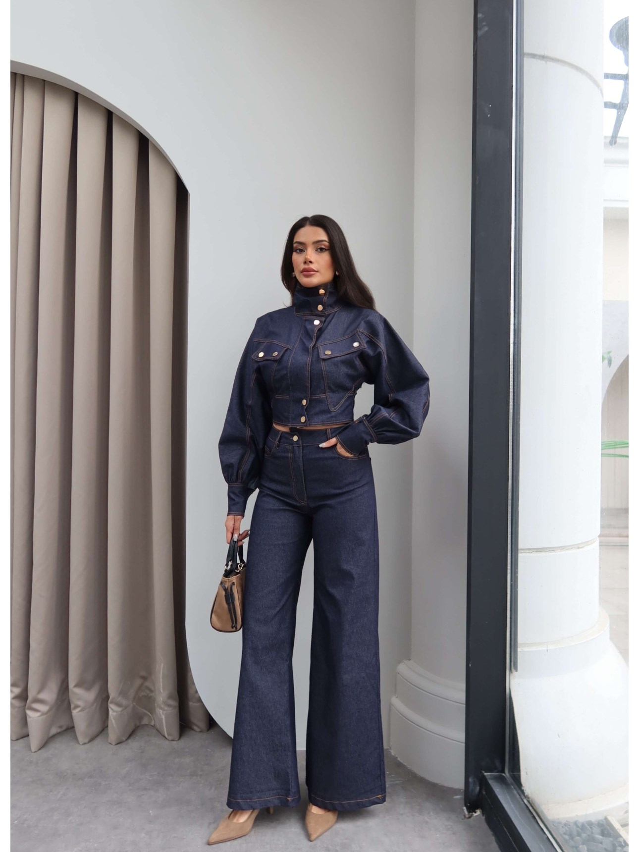 Press Stud Balloon Sleeve Denim Set