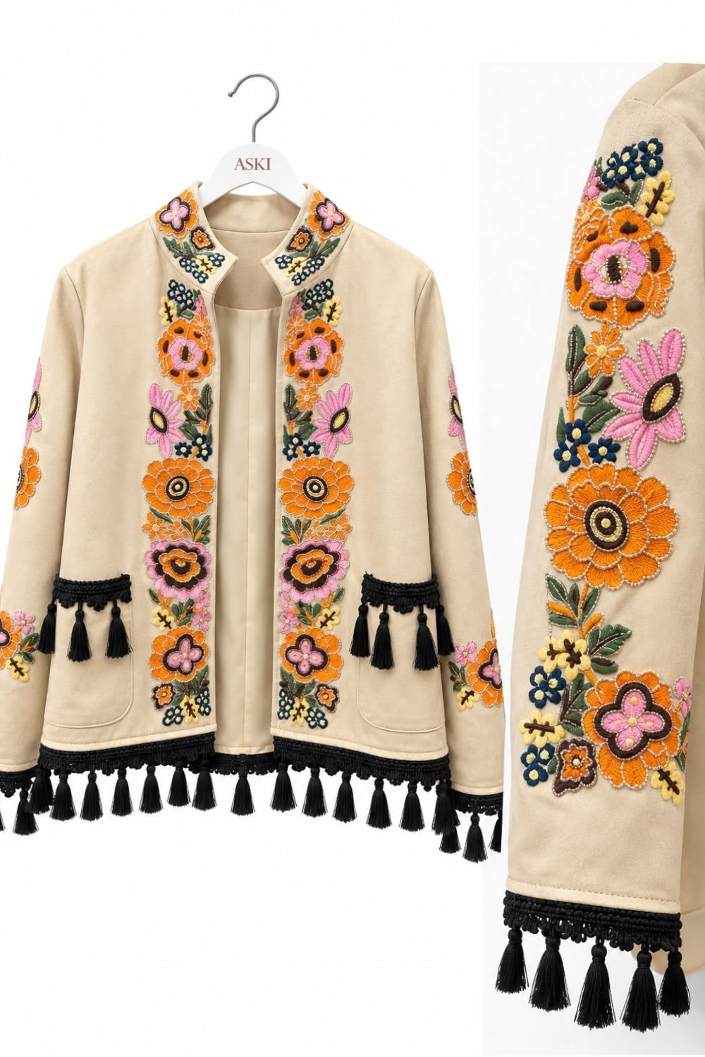 Padded Shoulder Tassel And Embroidered Bead Detail Jacket — photograph 2