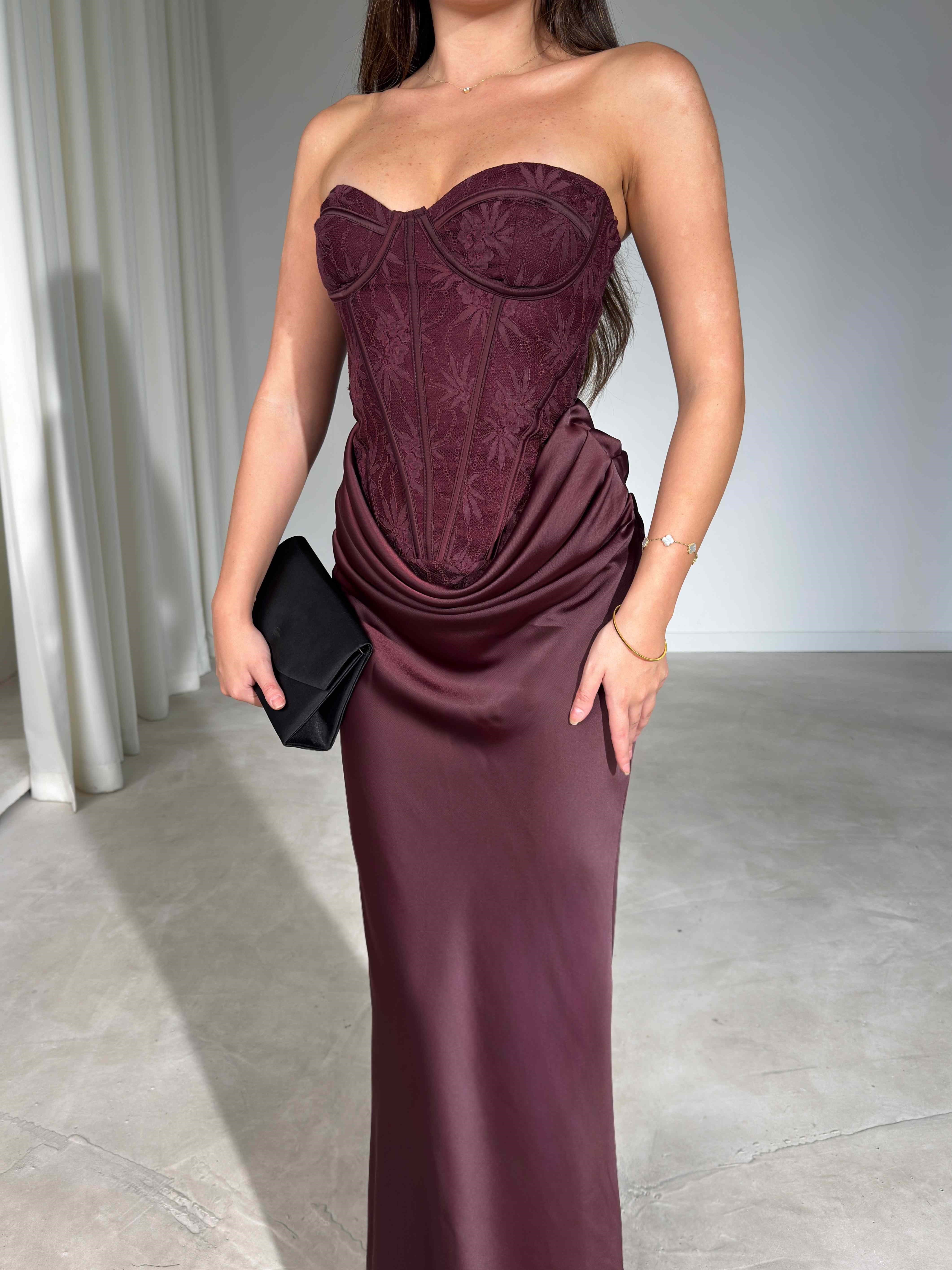 Lace Covered Sweetheart Neck Strapless Corset Up Back Draped Detail Maxi Mirol Evening Dress