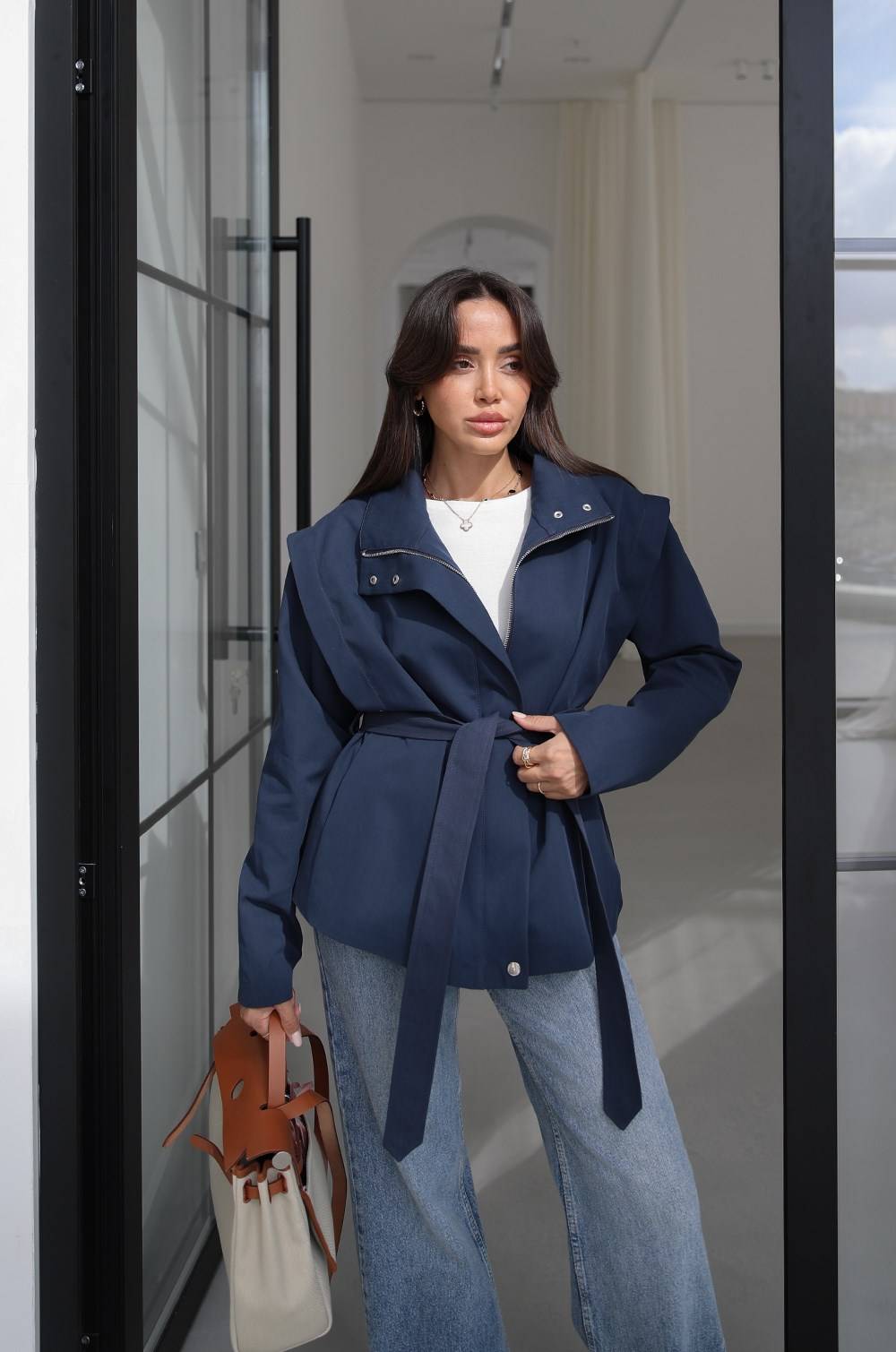 Navy Belted Zip Trench Coat — photograph 4