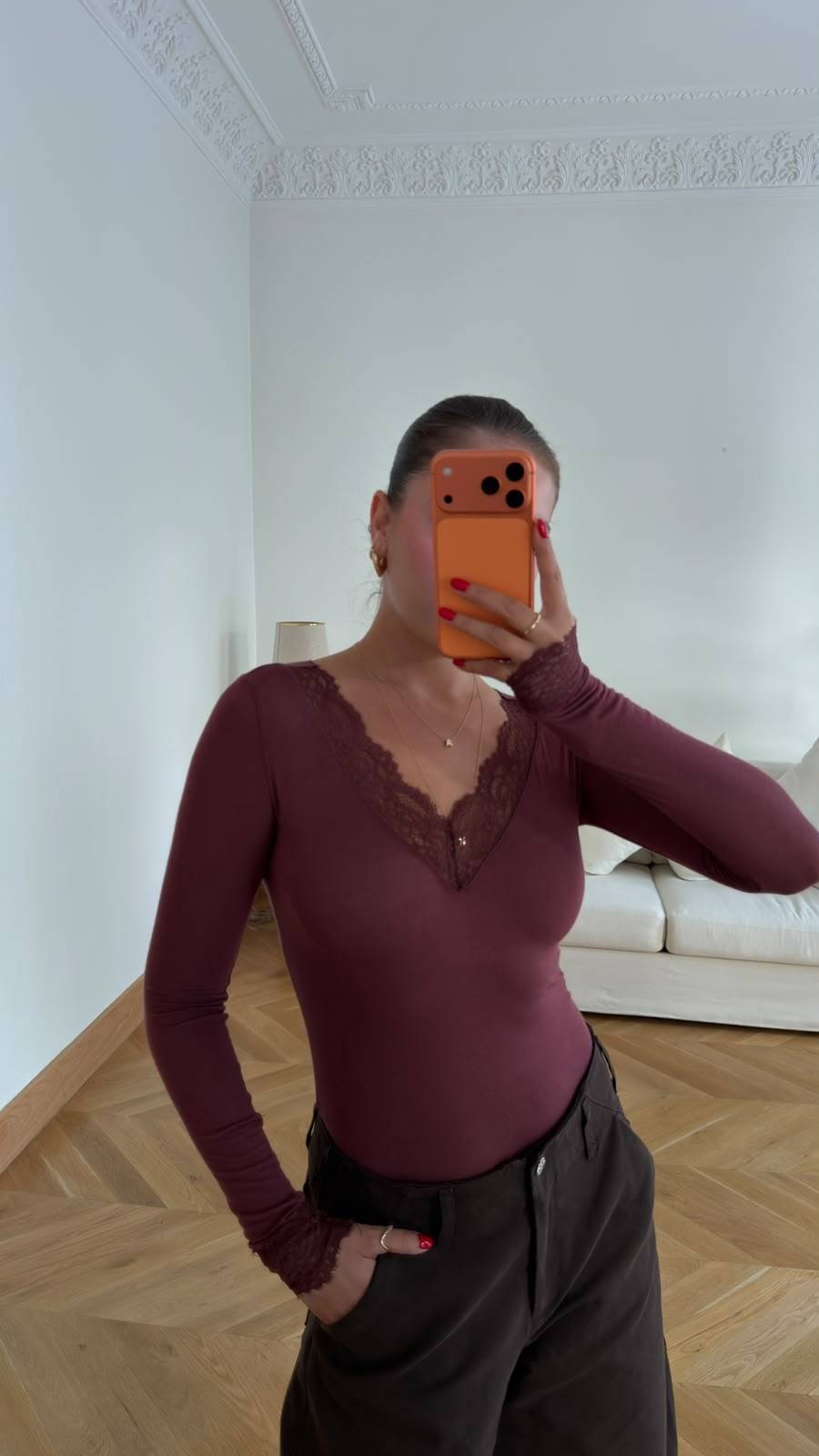 Burgundy V-Neck Textured Lace Detail Blouse — photograph 2