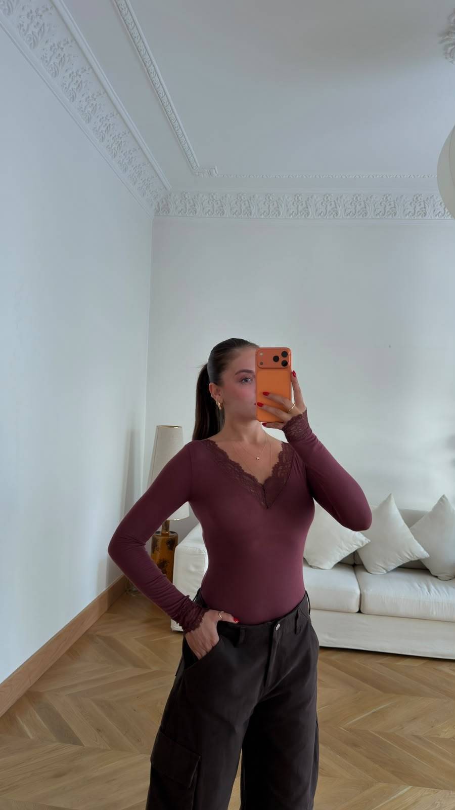 Burgundy V-Neck Textured Lace Detail Blouse — photograph 3