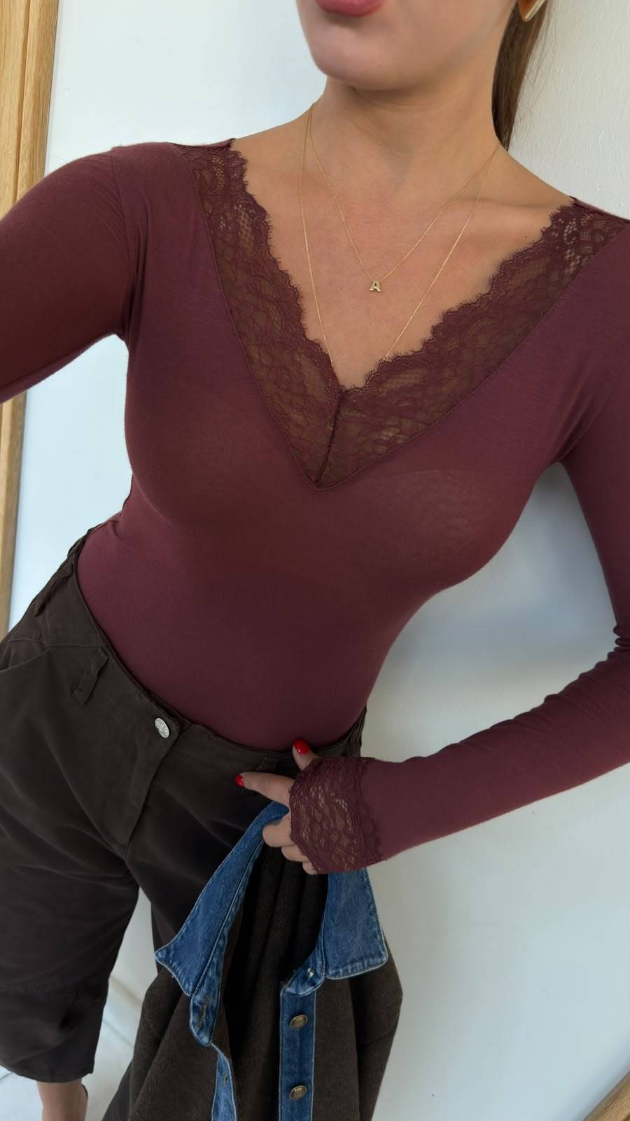 V Neck Soft Touch Lace Detail Blouse
