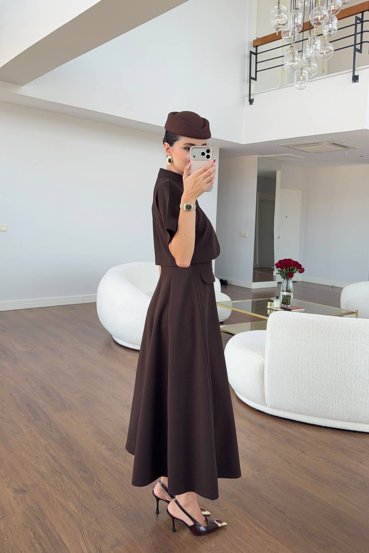 Brown Gold Button Dress — photograph 3