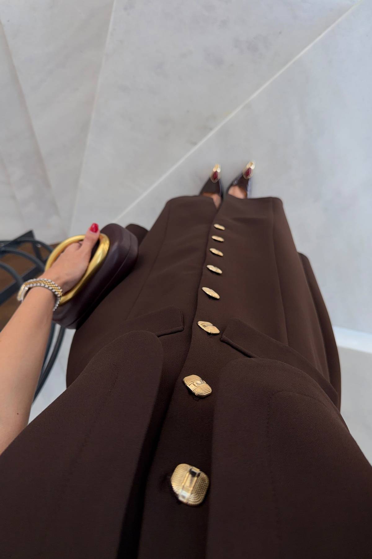 Brown Gold Button Dress — photograph 4