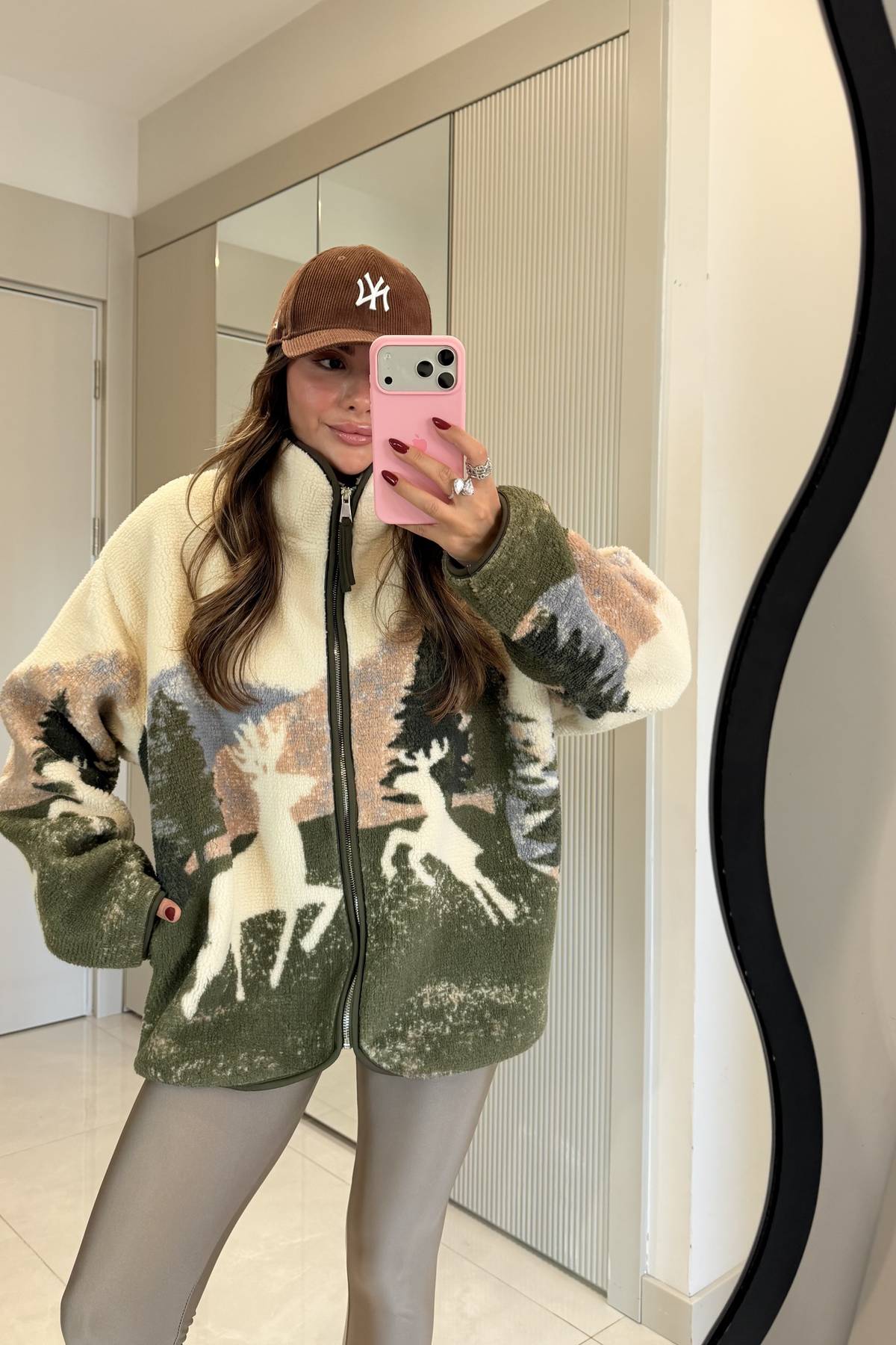 Presy Deer Print Teddy Zip Sweatshirt
