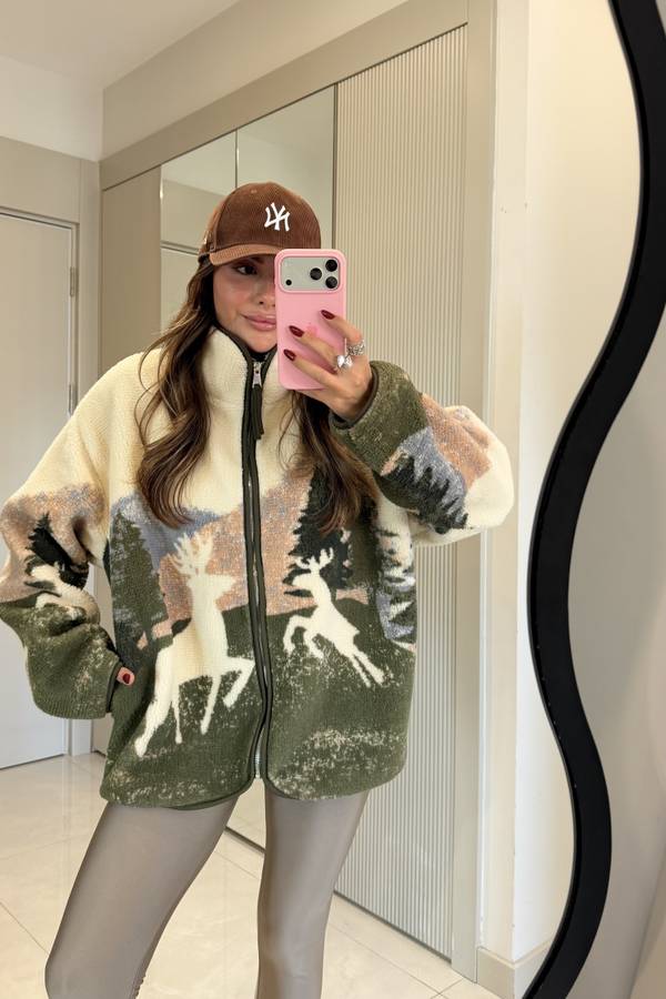 Presy Deer Print Teddy Zip Sweatshirt