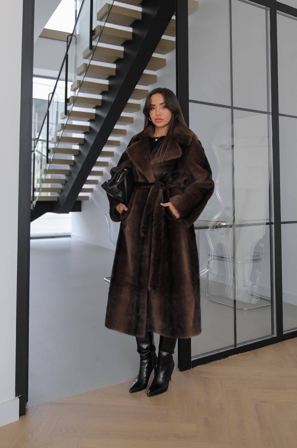 Brown Laveon Sashed Long Faux Fur Coat — photograph 2