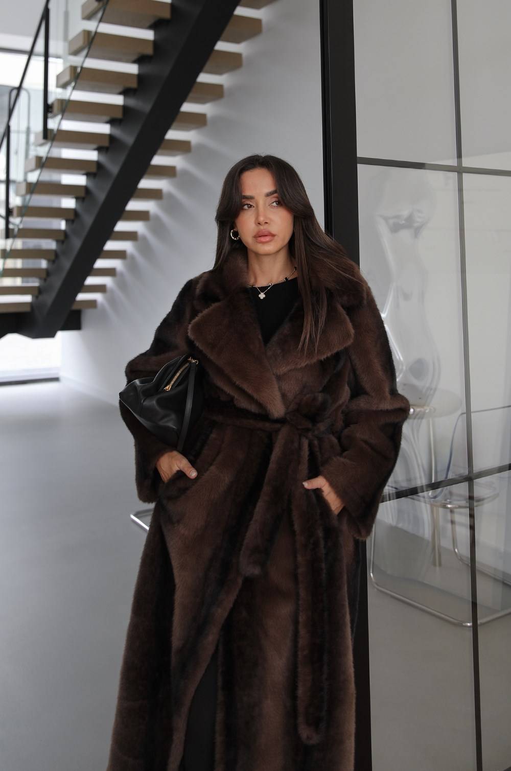 Brown Laveon Sashed Long Faux Fur Coat — photograph 3