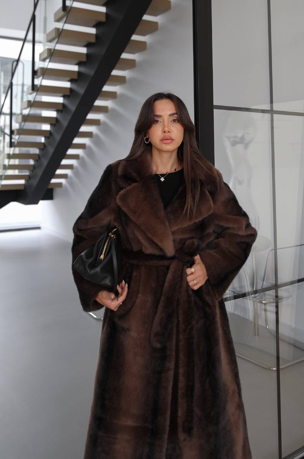Brown Laveon Sashed Long Faux Fur Coat — photograph 4