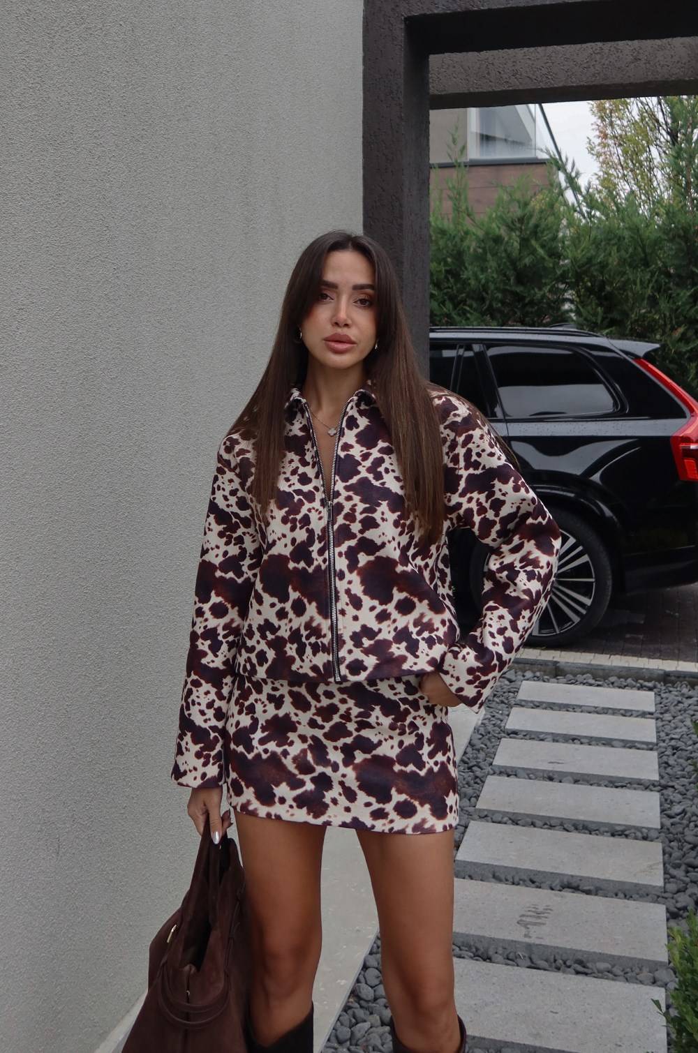 Brown Cow Print Jacket Skirt Set — photograph 2