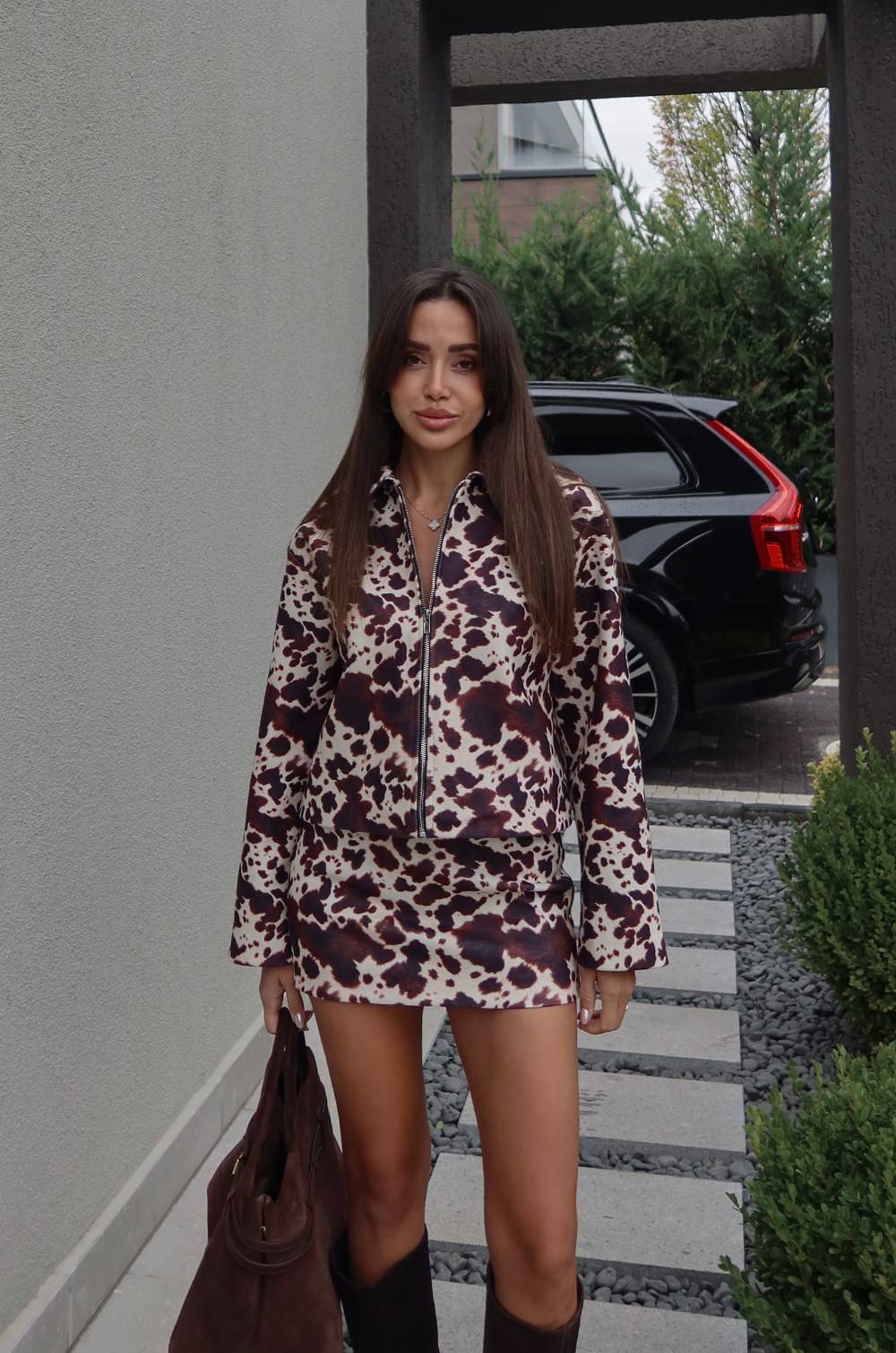 Brown Cow Print Jacket Skirt Set — photograph 4