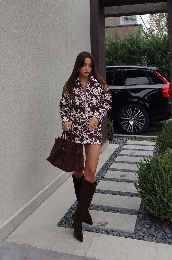 Cow Print Jacket And Skirt Set