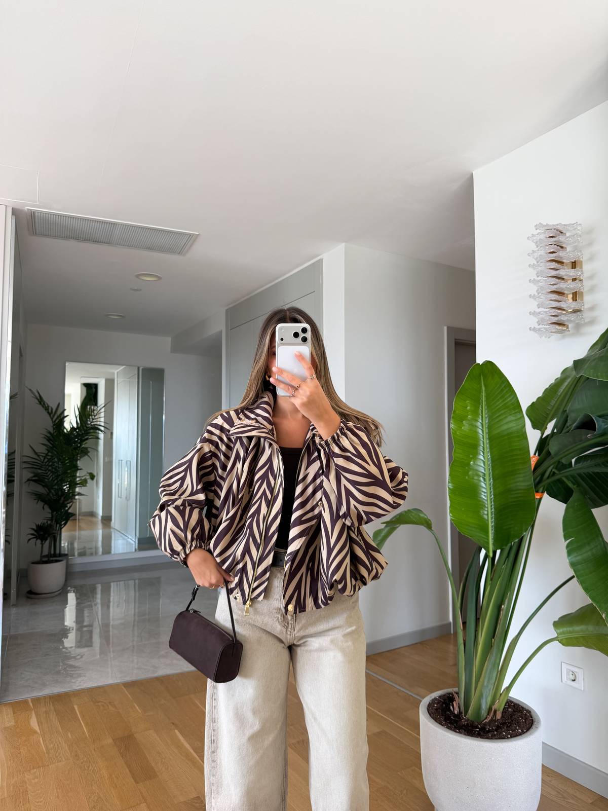 Zebra Print Stand Collar Bomber Jacket — photograph 2
