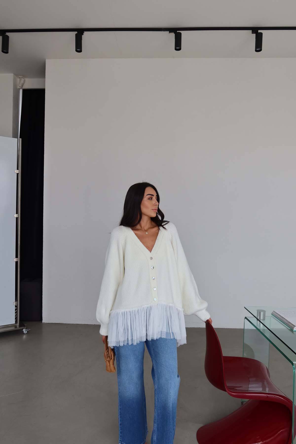 Tulle Trim Hem Oversized Cardigan