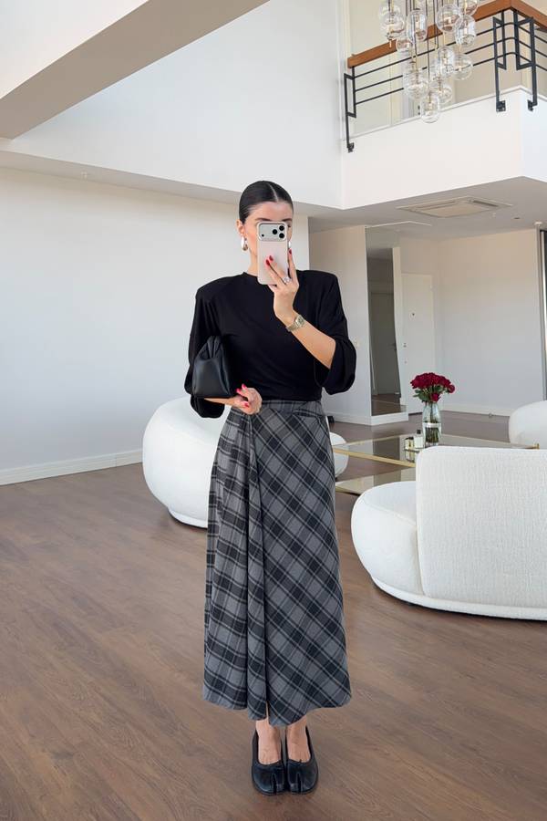 Plaid Split Midi Skirt