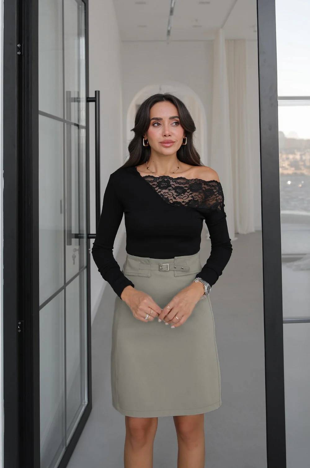 Khaki Self-Belted Midi Length Skirt — photograph 4