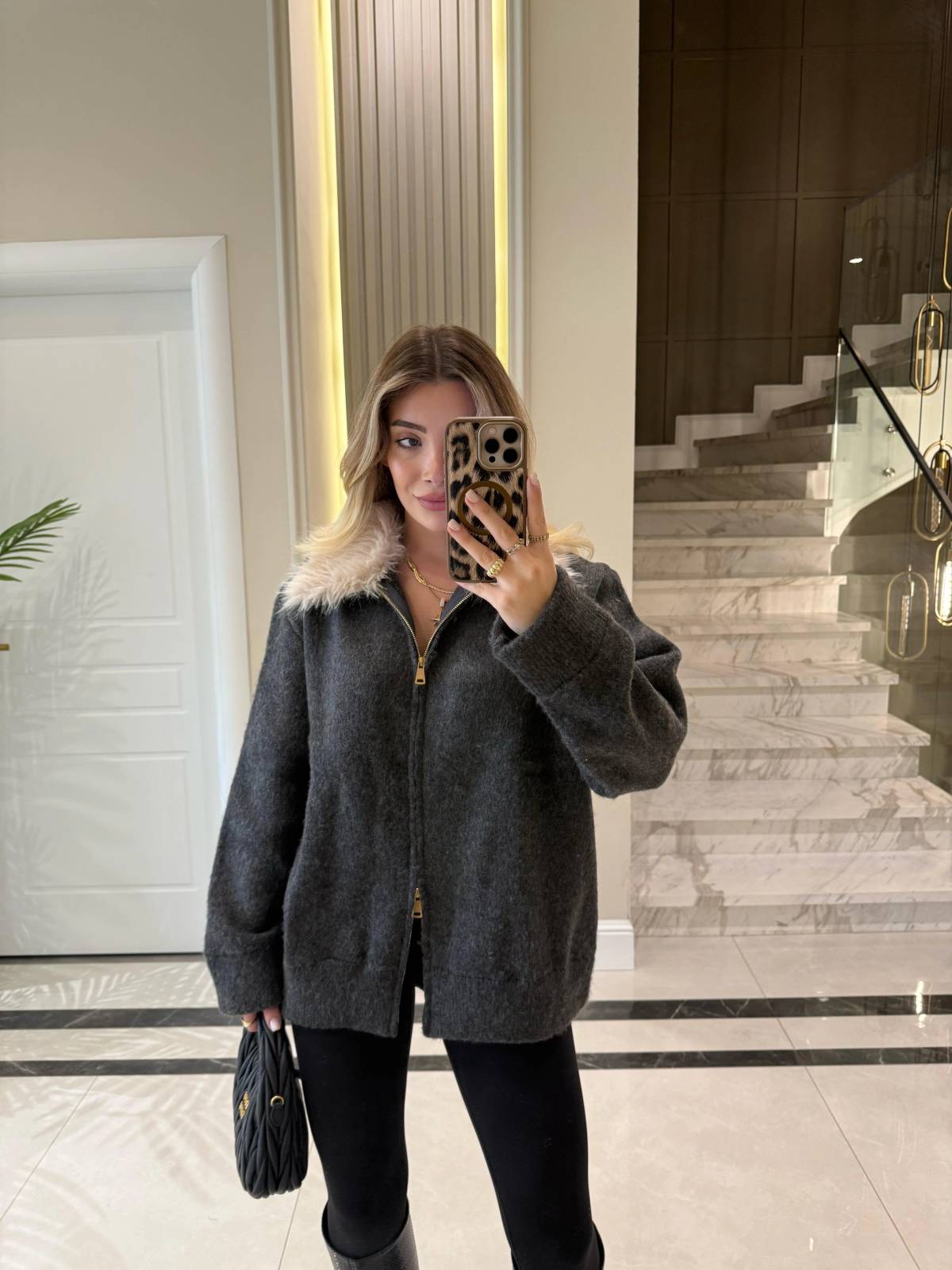 Fur Collar Double Zip Cardigan