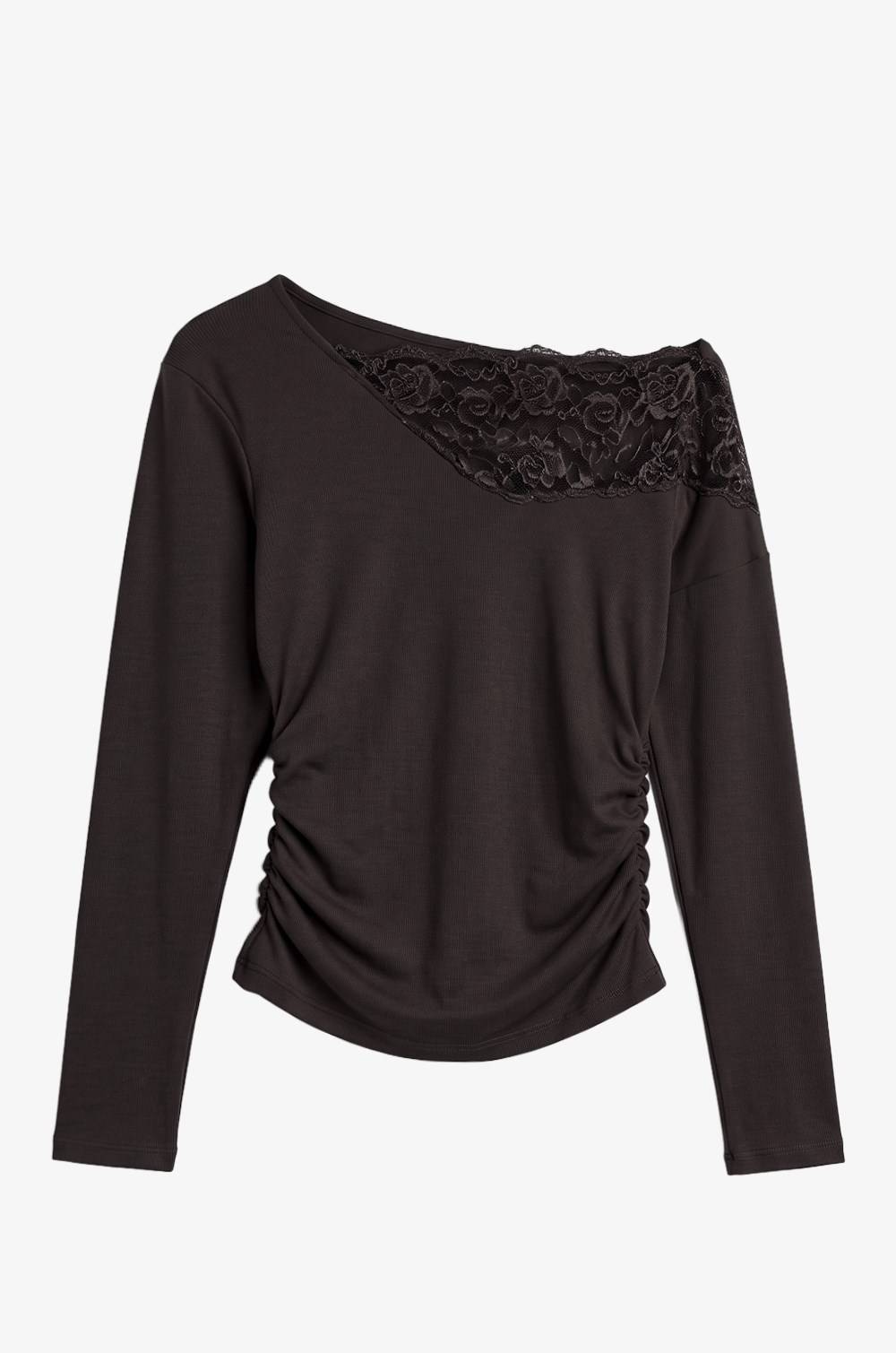Brown Single Shoulder Lace Collar Blouse — photograph 4