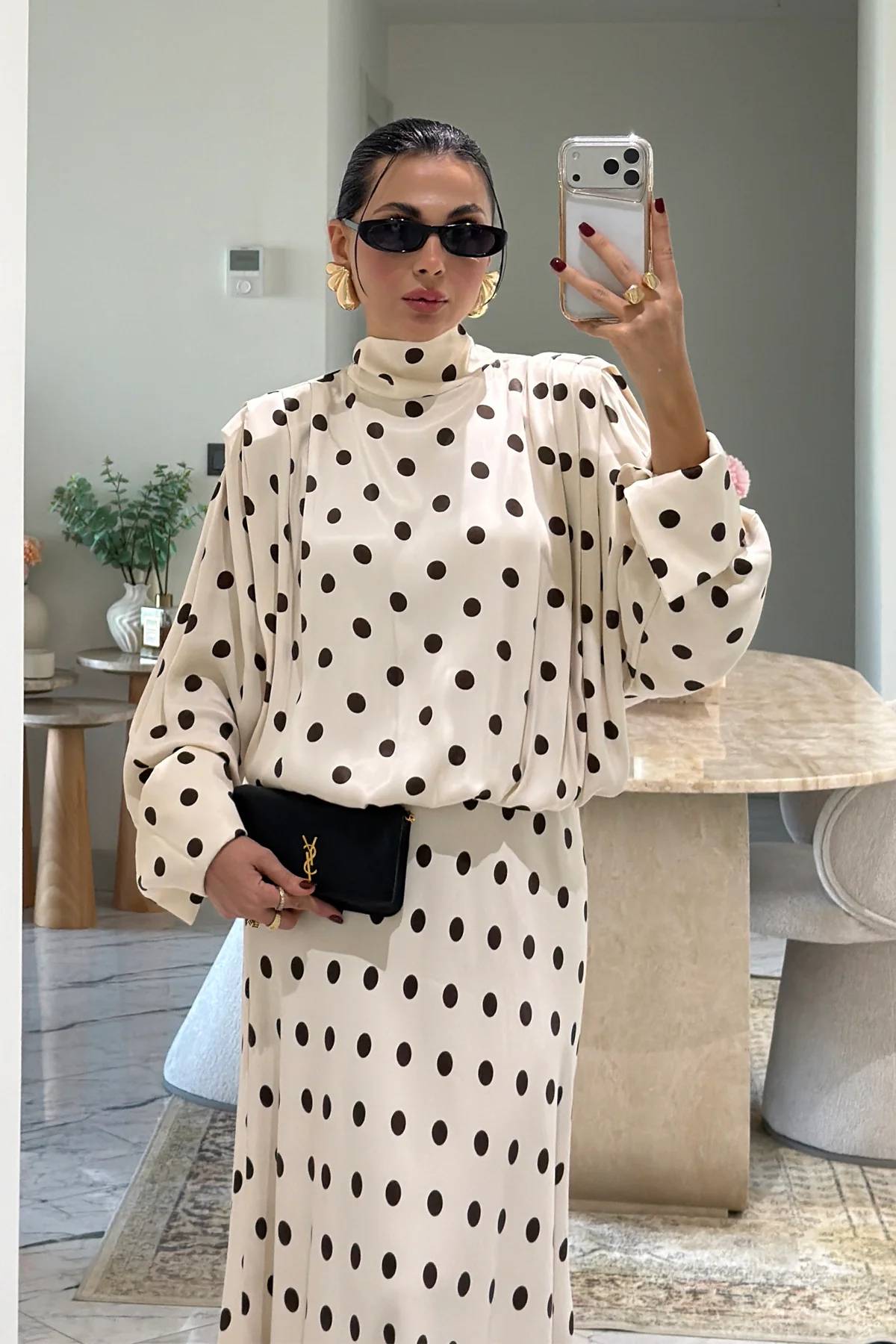Ecru Polka Dot Satin Scarf Dress — photograph 4