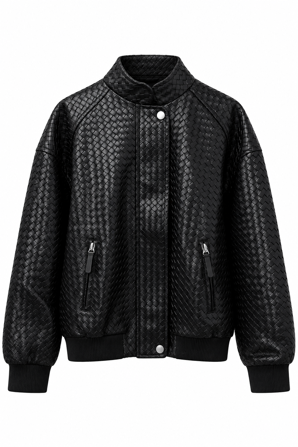 Woven Texture Stand Collar Leather Jacket