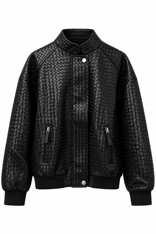Woven Texture Stand Collar Leather Jacket