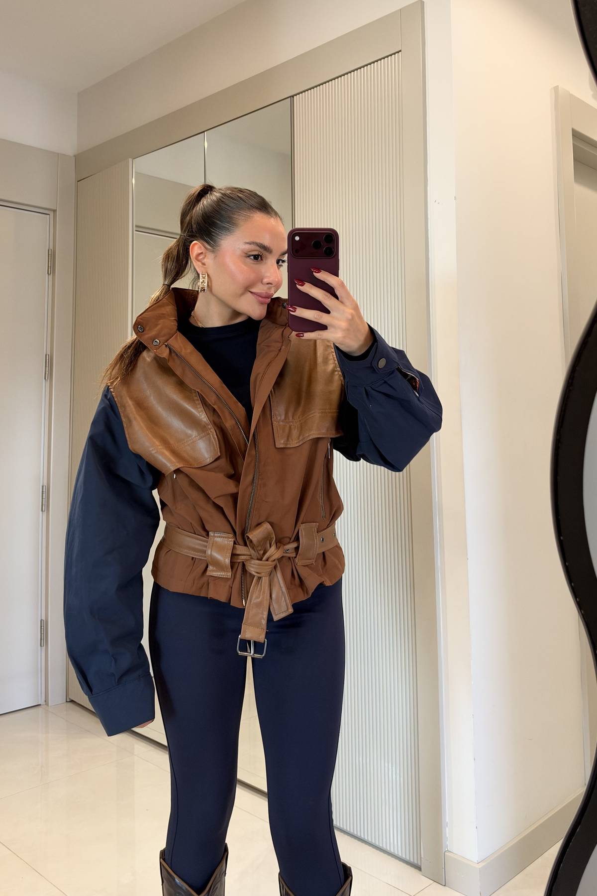 Furia Leather Detail Trim Belted Jacket