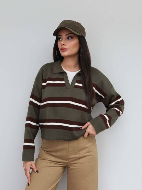 V Neck Striped Knit Jumper
