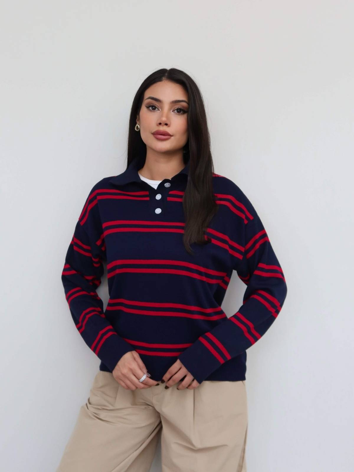 Striped Button Detail Knit Jumper — photograph 2