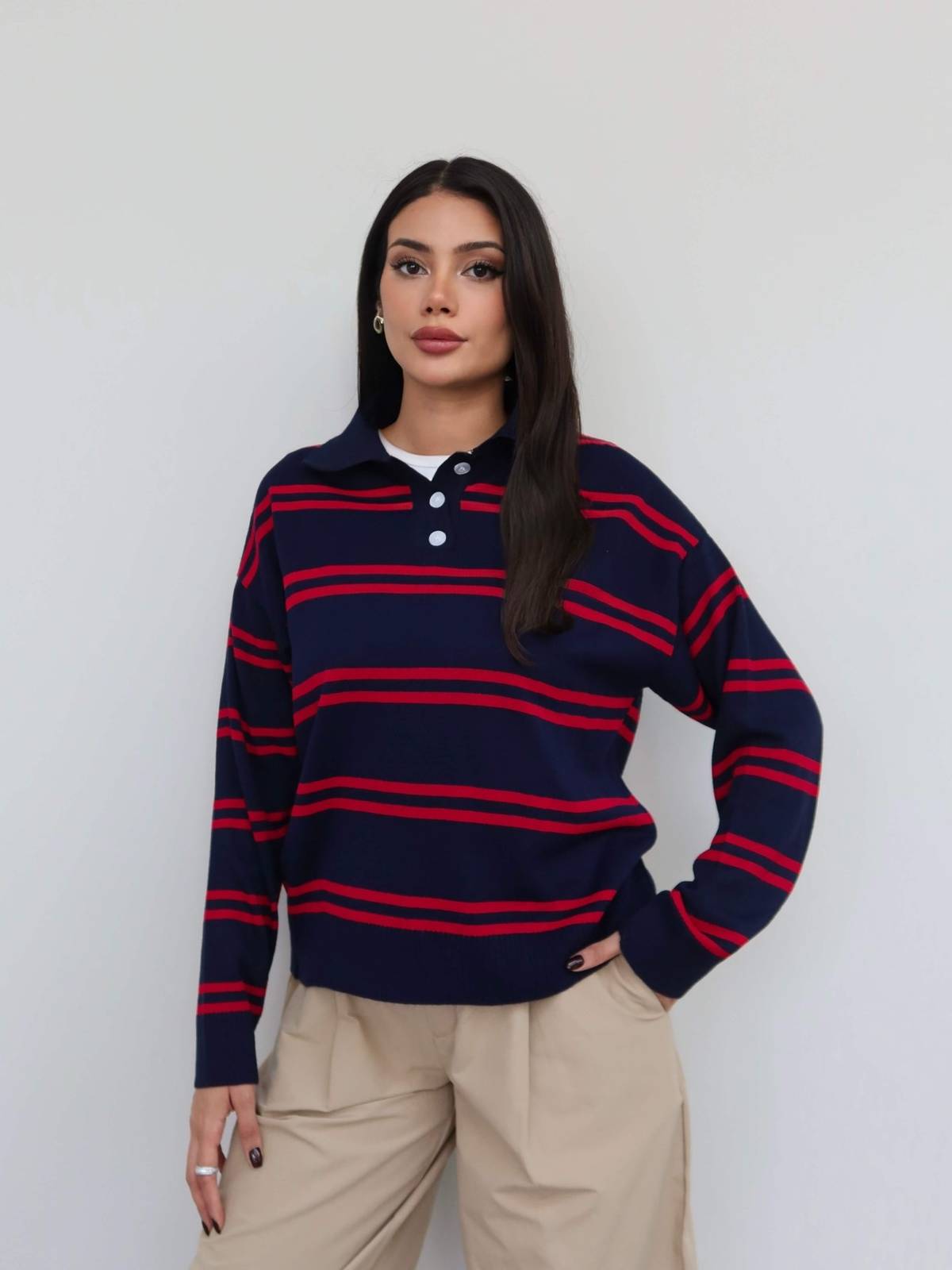 Striped Button Detail Knit Jumper — photograph 5