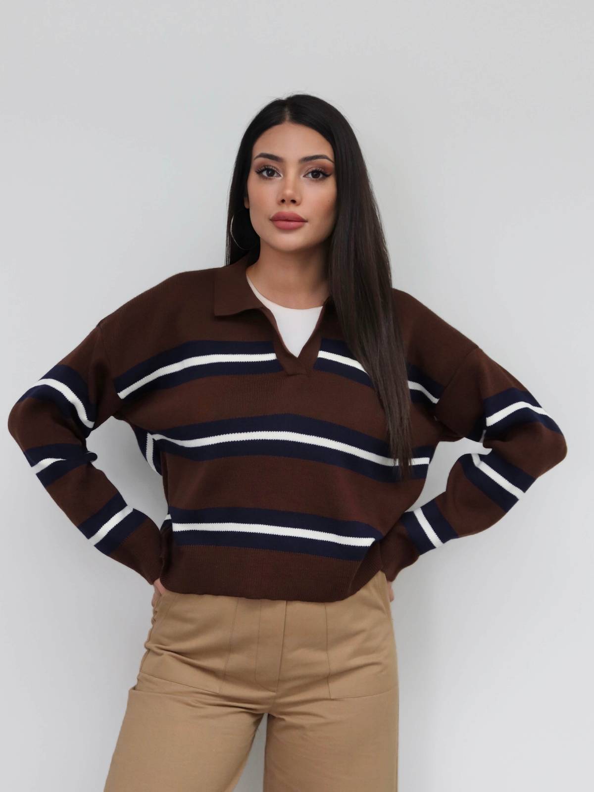 V Neck Striped Knit Jumper — photograph 3
