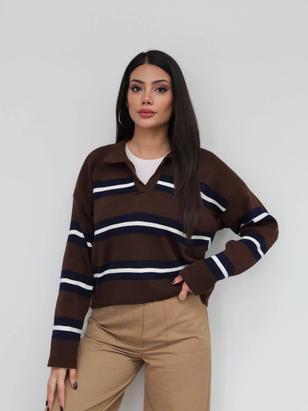 V Neck Striped Knit Jumper — photograph 1